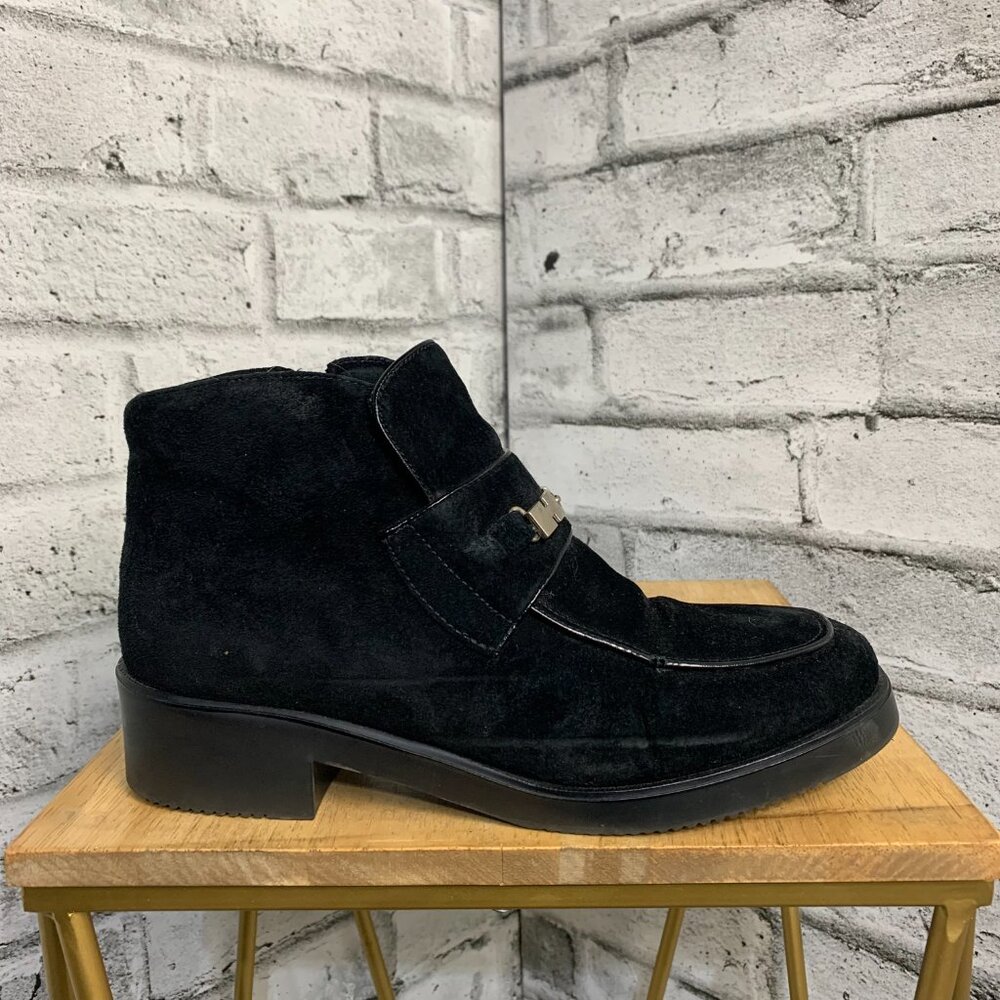 Vintage Hush Puppies Booties Black Waterproof Suede Low Block Heel Ankle Boots - Picture 2 of 13